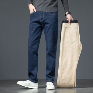 Men's Loose Straight Stretch Fleece-lined Jeans Thickened For Warmth With Lamb Fleece