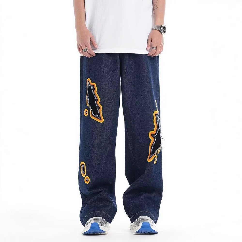 Retro Washed Ripped Embroidery Niche Design Loose Trousers - Image 4