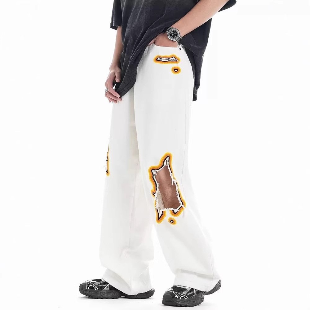 Retro Washed Ripped Embroidery Niche Design Loose Trousers - Image 3